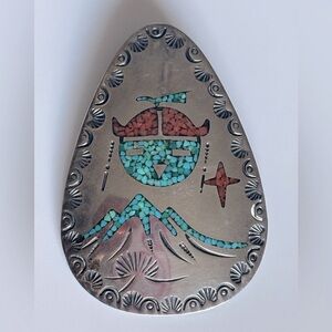 Tommy Singer Sterling Silver Turquoise & Coral‎ Chip Inlay Brooch/ Pendant